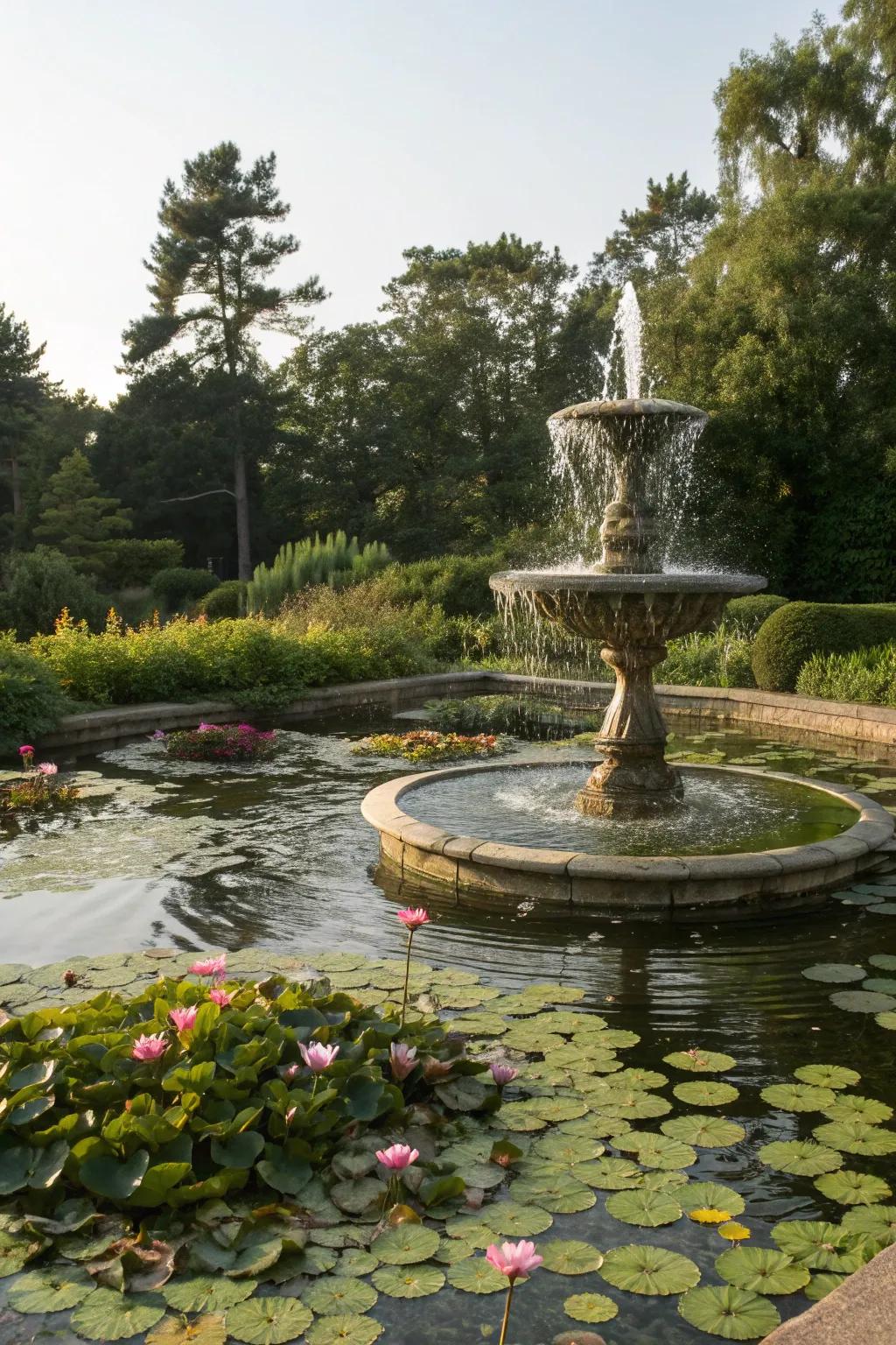 A fountain adorned with water lilies and surrounded by thriving greenery.