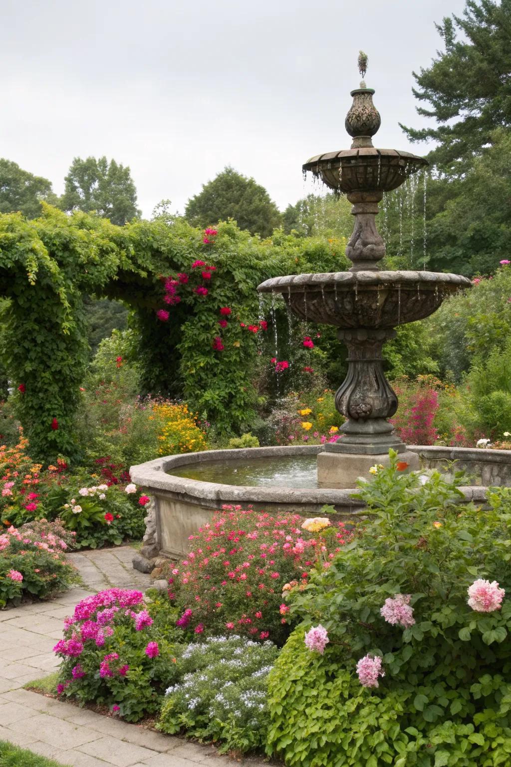 Fountain seamlessly integrated with lush greenery.