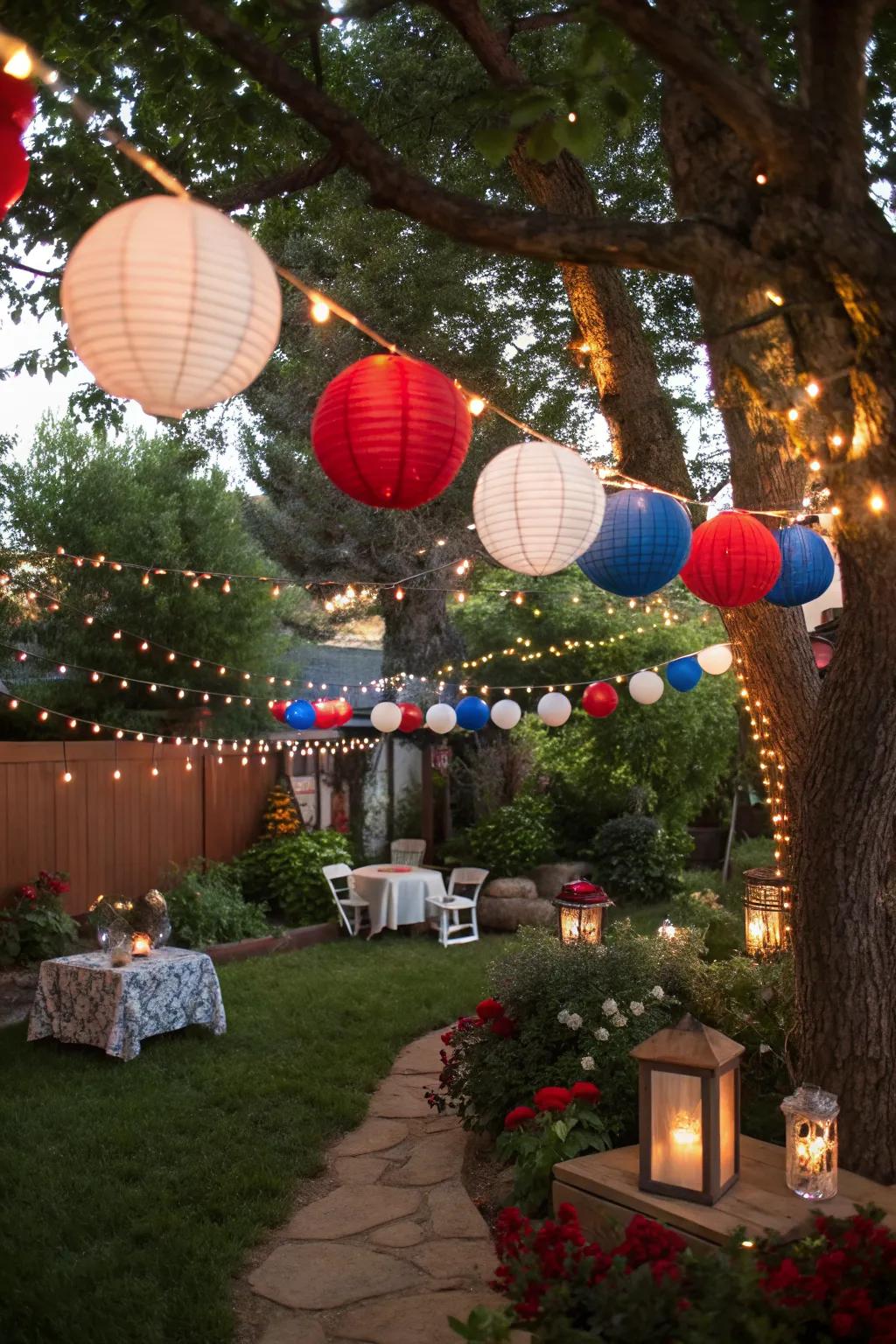 Light up the night with patriotic lanterns and string lights.