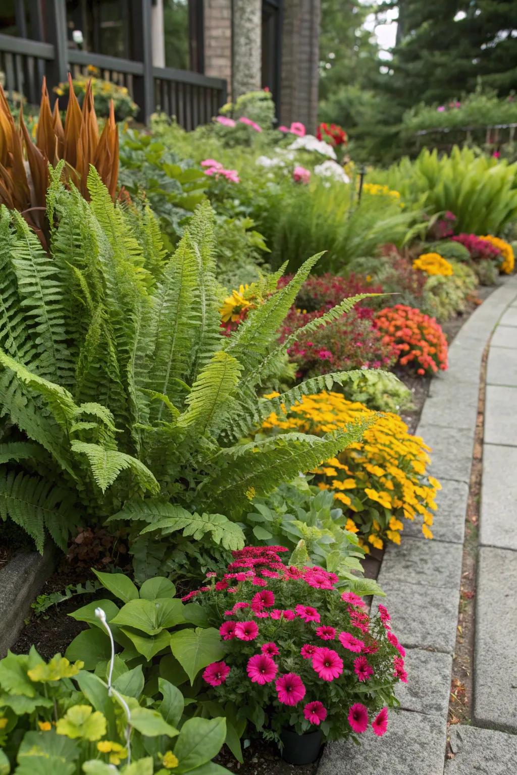 Create a stunning garden bed with foxtail ferns and vibrant blooms.