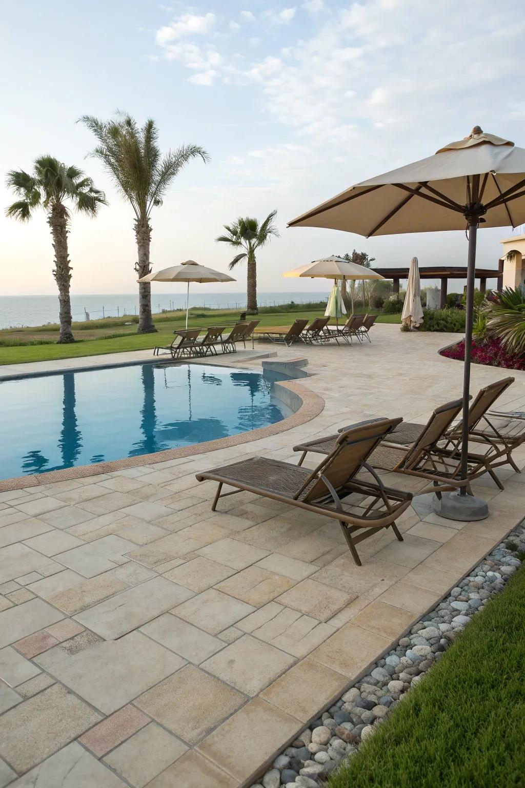 Spacious patio area perfect for relaxing by a freeform pool.
