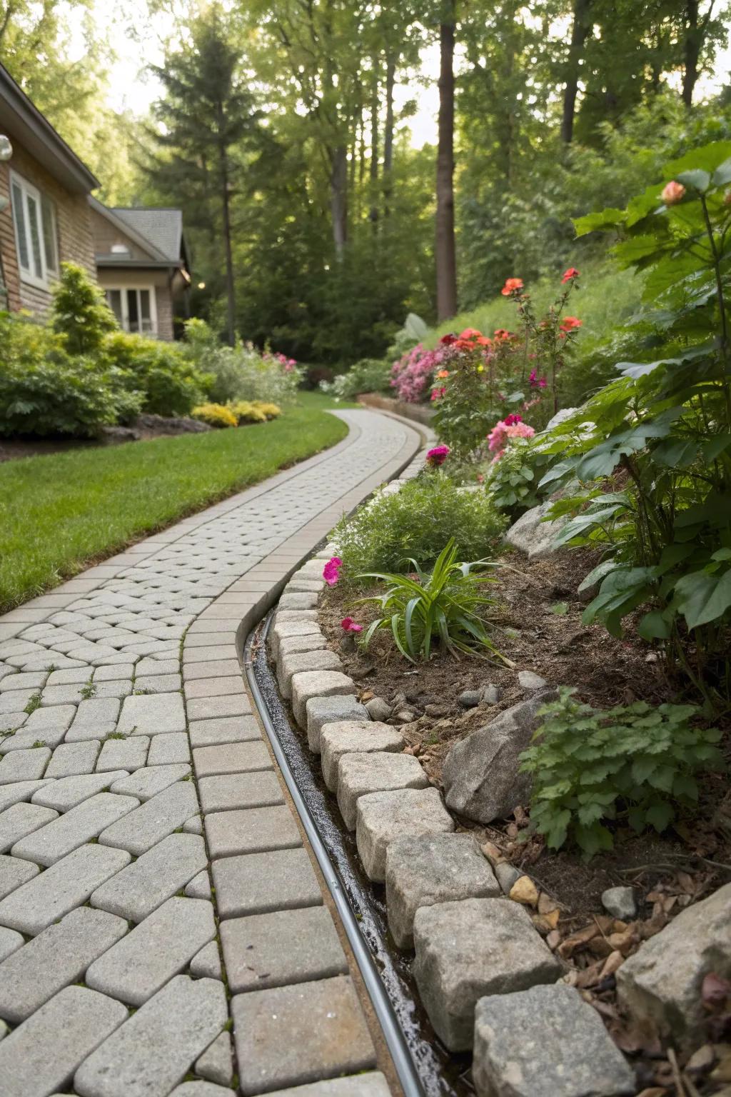 A garden pathway with a seamlessly integrated French drain.