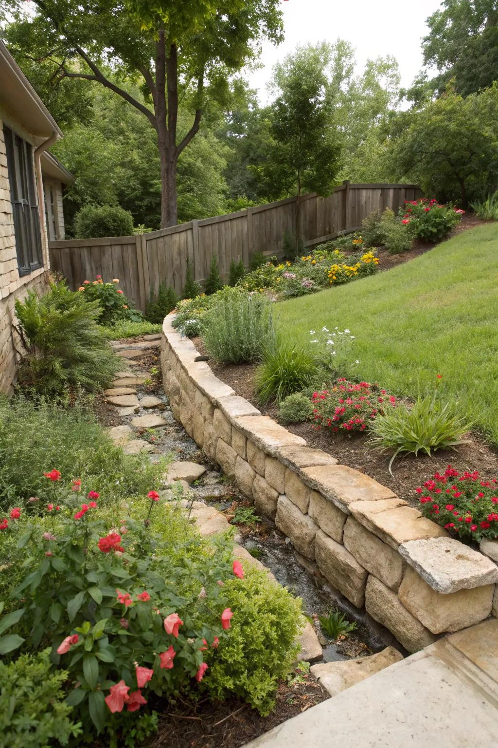 Seamless integration of French drains with garden features enhances functionality.
