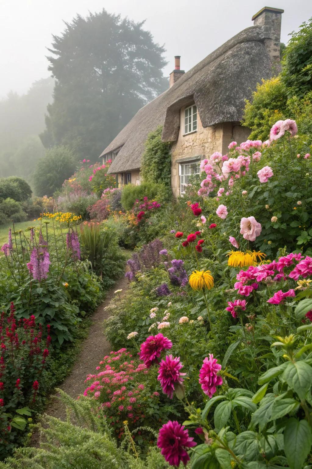 A vibrant mix of colors and textures in a cottage-style garden.