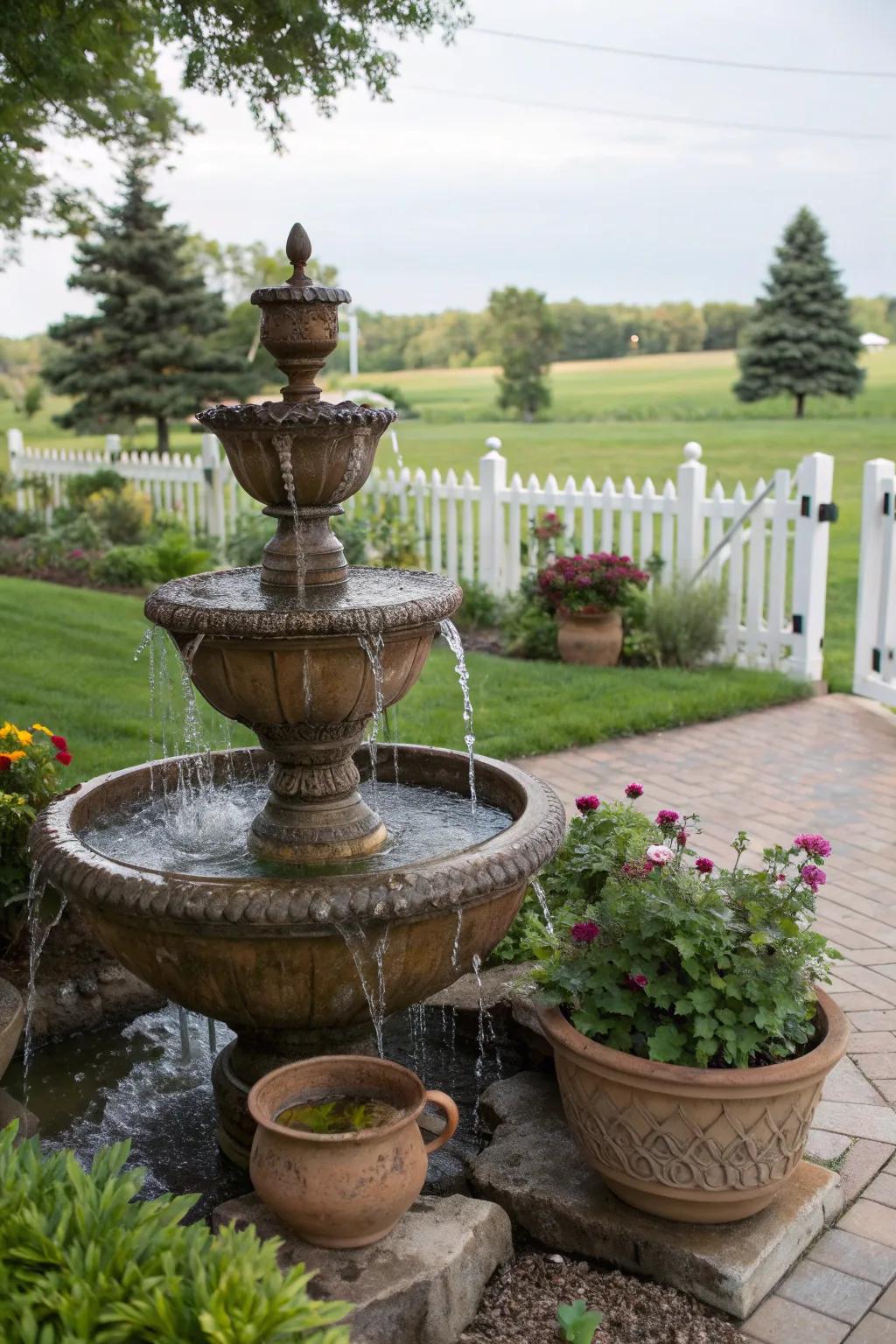 Jug and bowl cascades create a delightful and inviting ambiance.