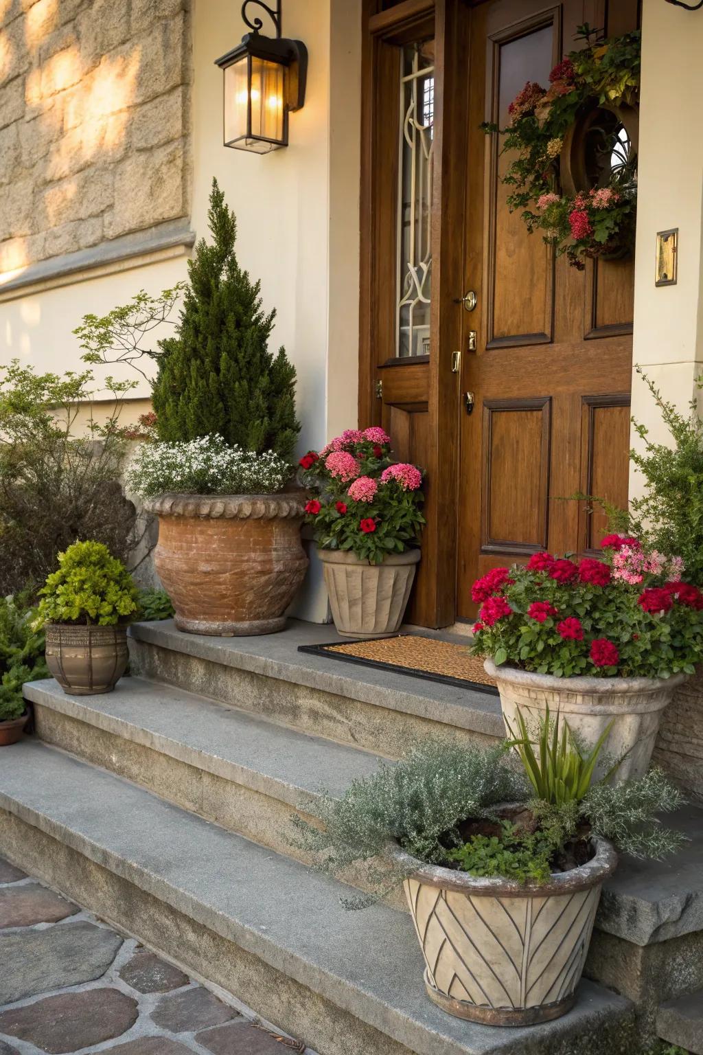 Decorative pots add seasonal charm to front steps and entryways.