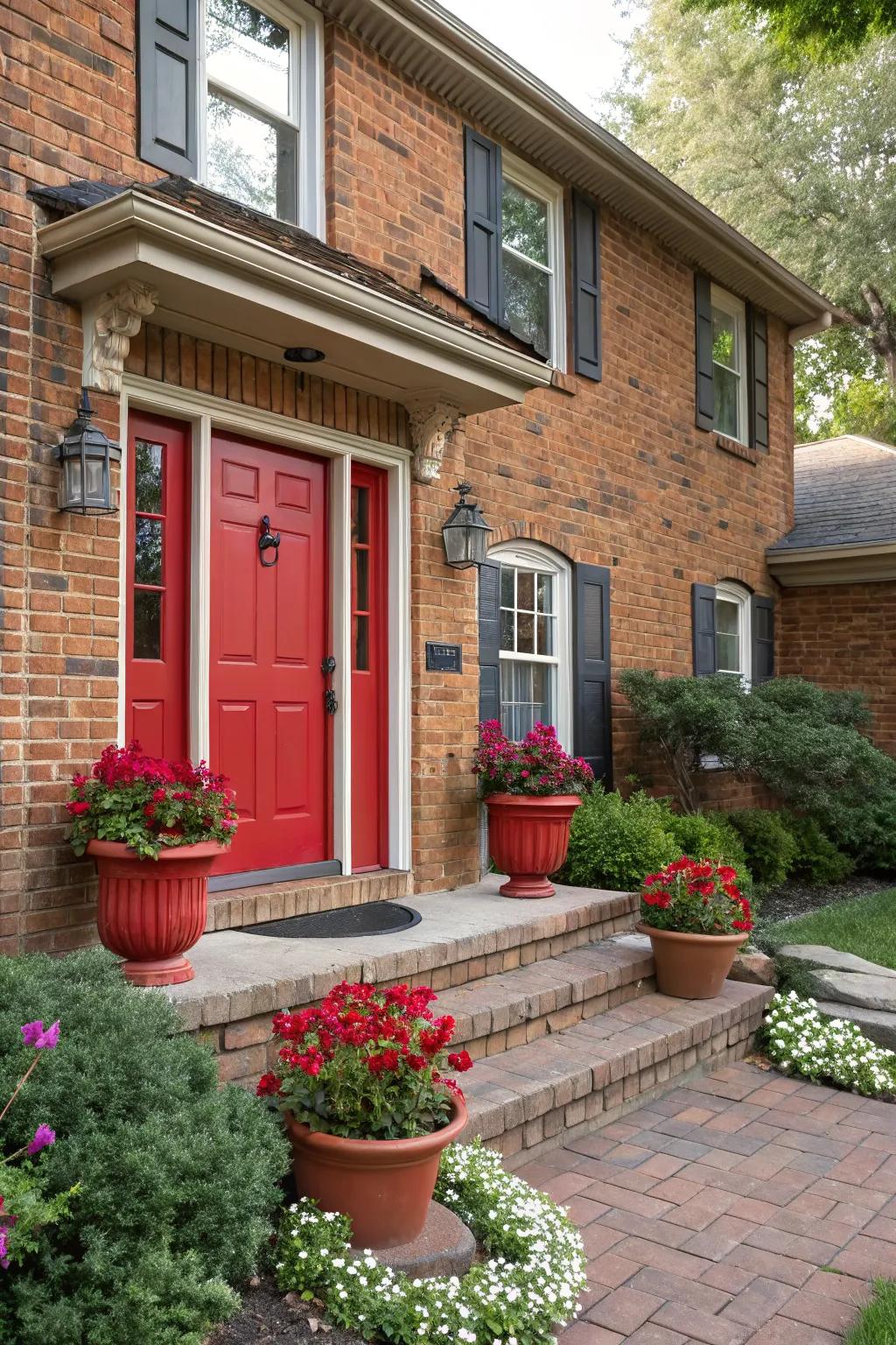 A colorful front door adds a cheerful and inviting look to a brick home.