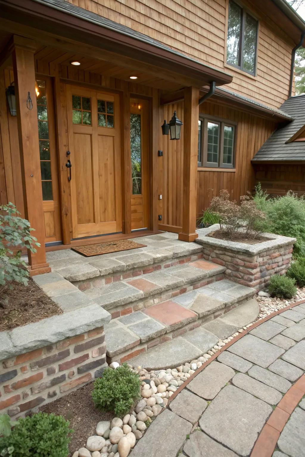 A front door landing featuring a mix of stone, wood, and brick for visual interest.