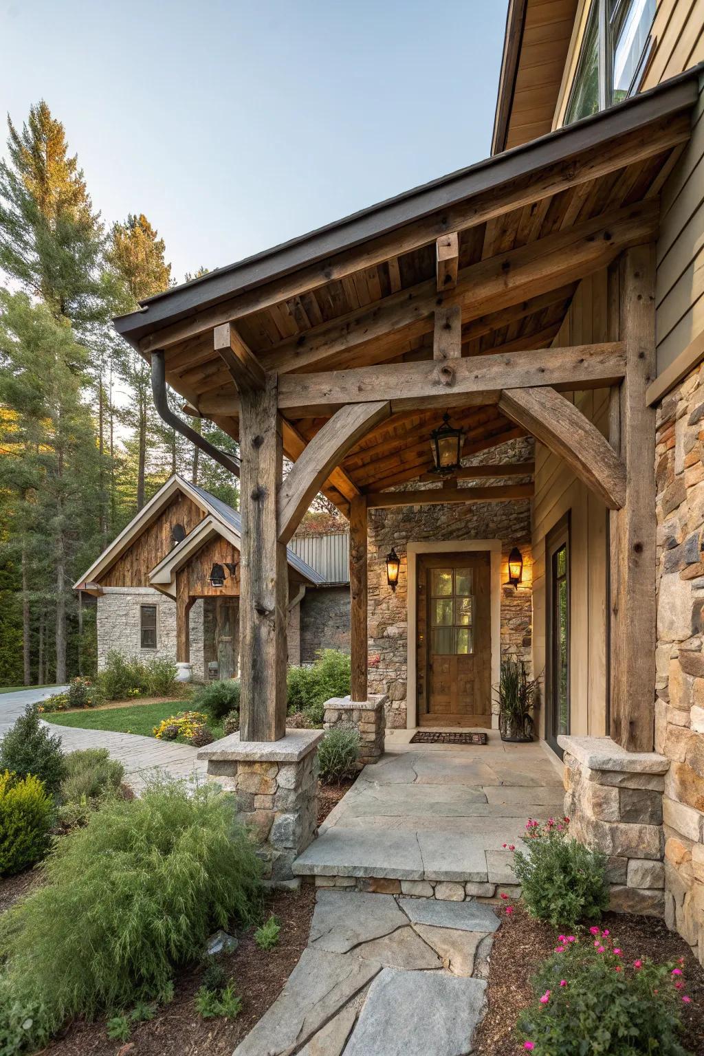 A rustic wooden overhang adding charm to a home.