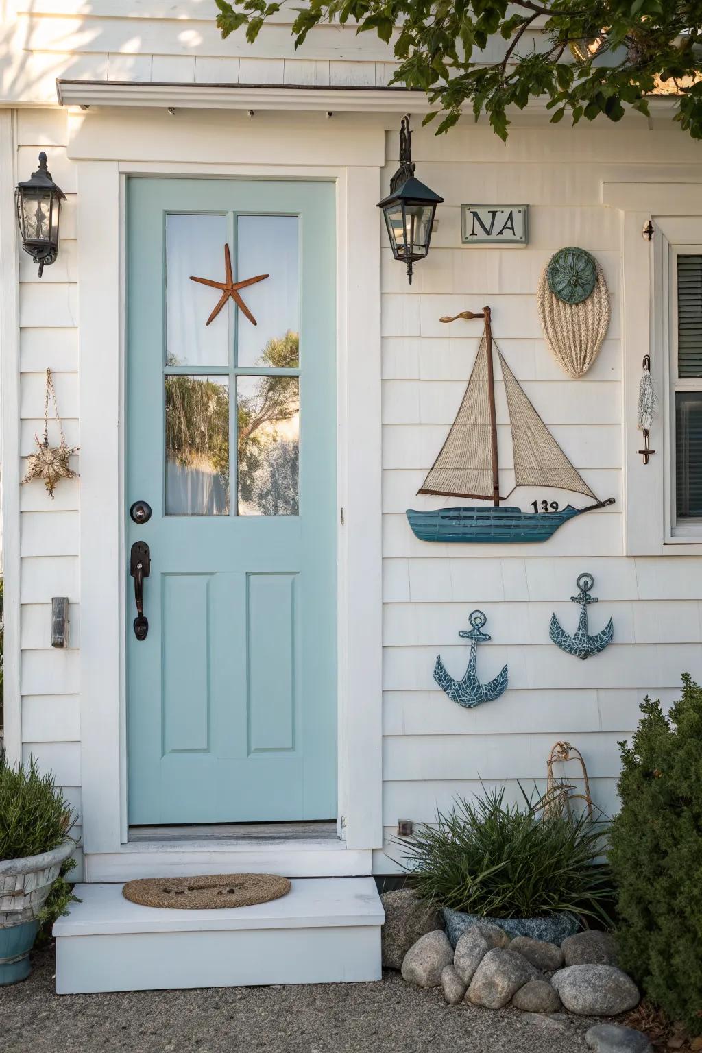 Tranquil light blue front door with a coastal vibe.
