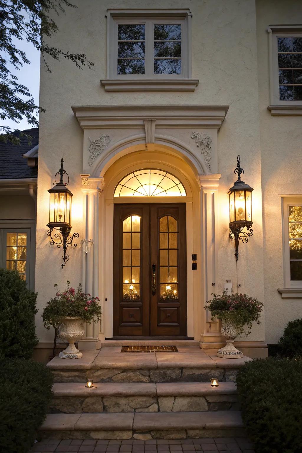 Elegant wall sconces illuminate a welcoming front door.