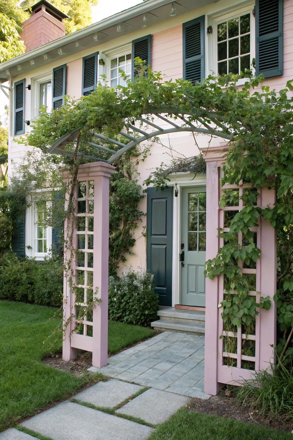Color-coordinated trellis blending with the house's design.
