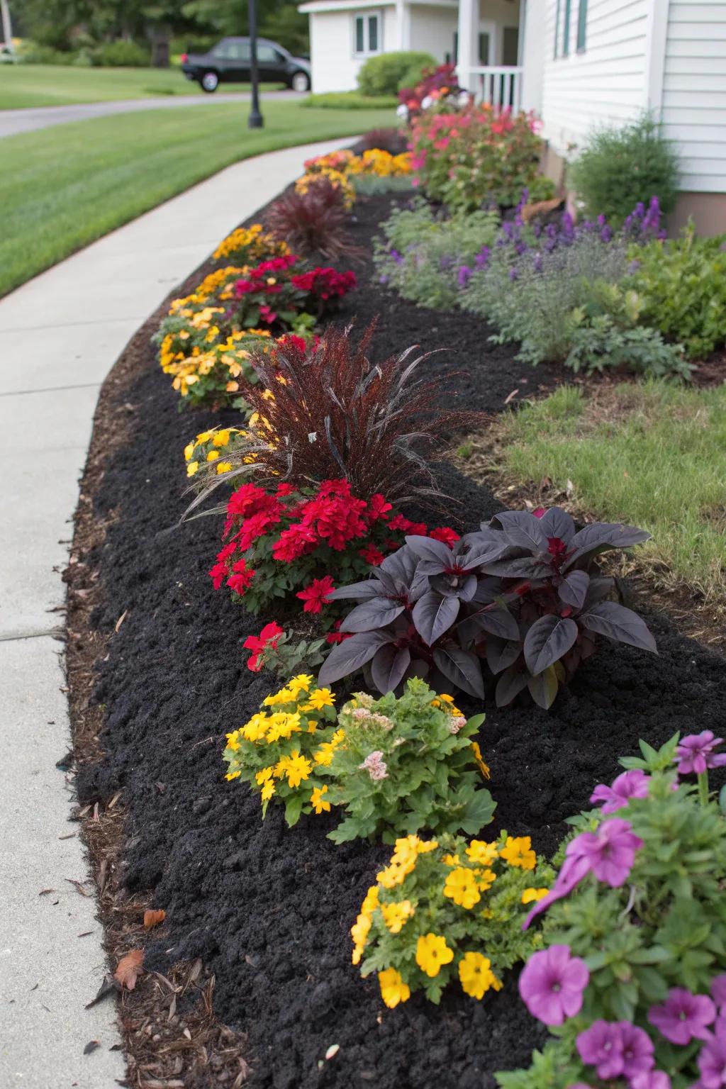 Rich, dark mulch providing a clean finish to a vibrant flower bed.