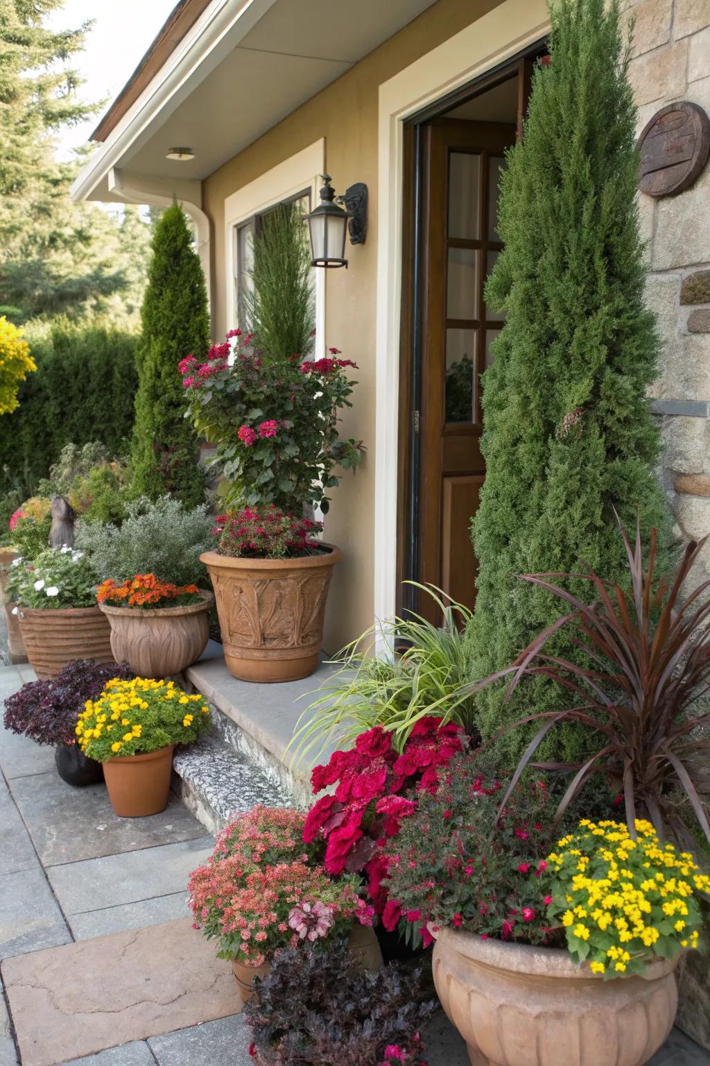 Pots bring variety and charm to garden entrances.