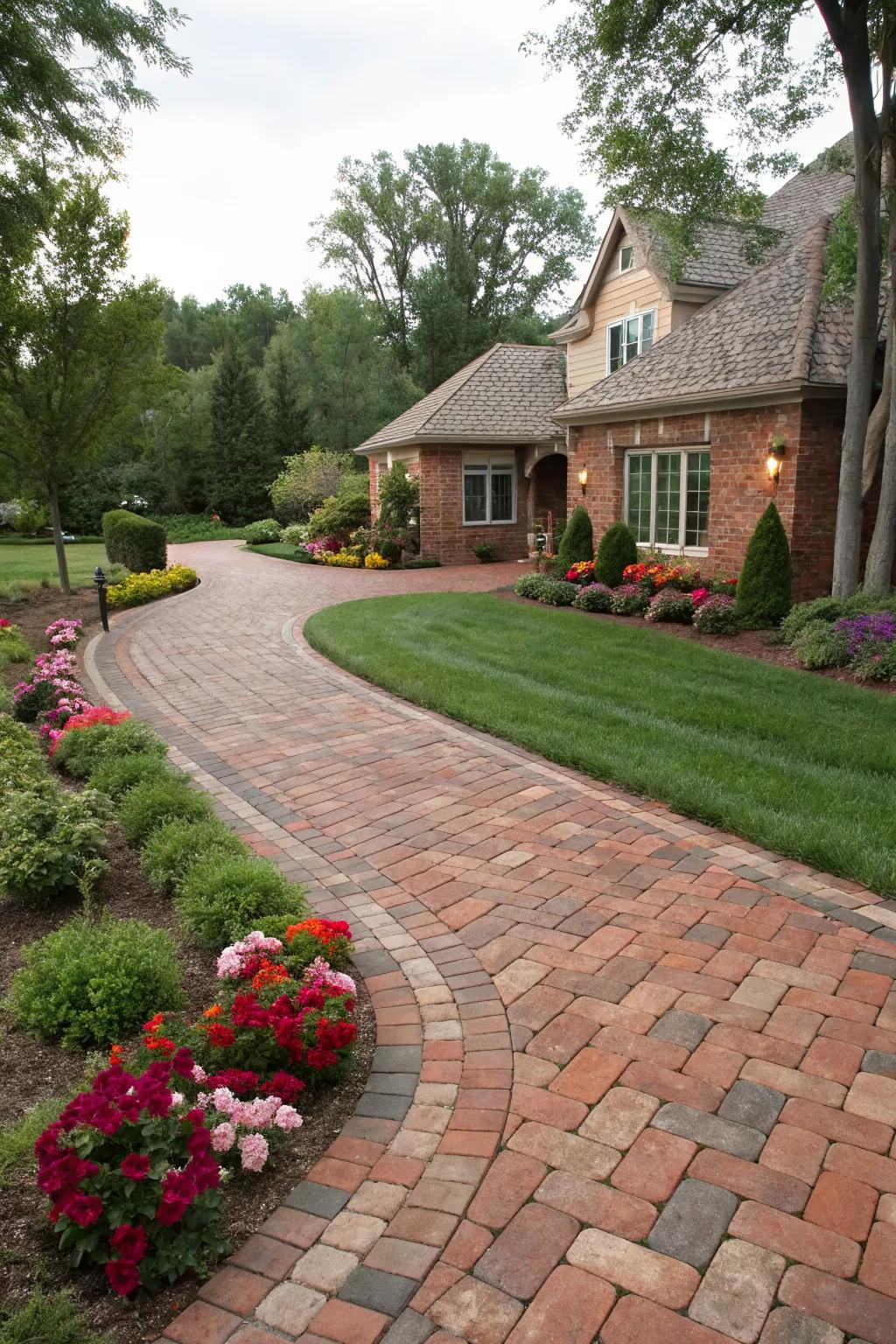 A classic brick driveway with rich, warm tones.