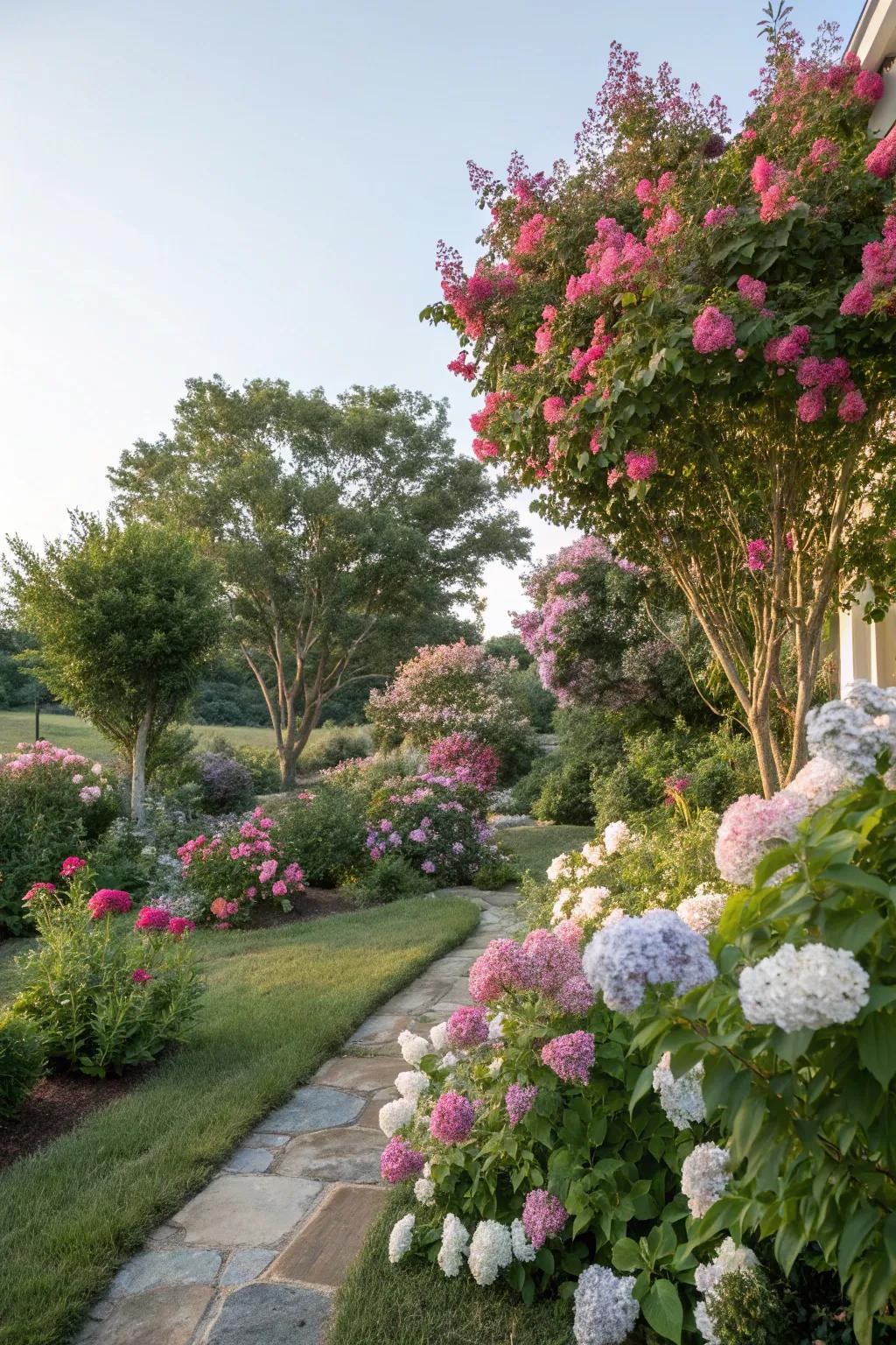 A mix of crepe myrtles and other plants creates a lush, layered garden.