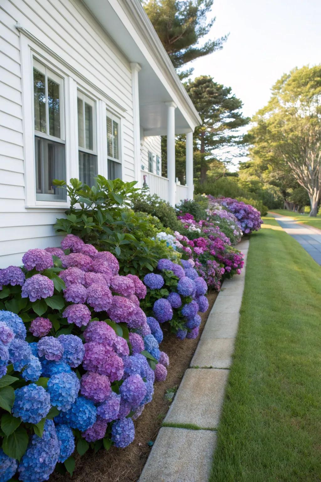 Hydrangeas as a colorful foundation planting.