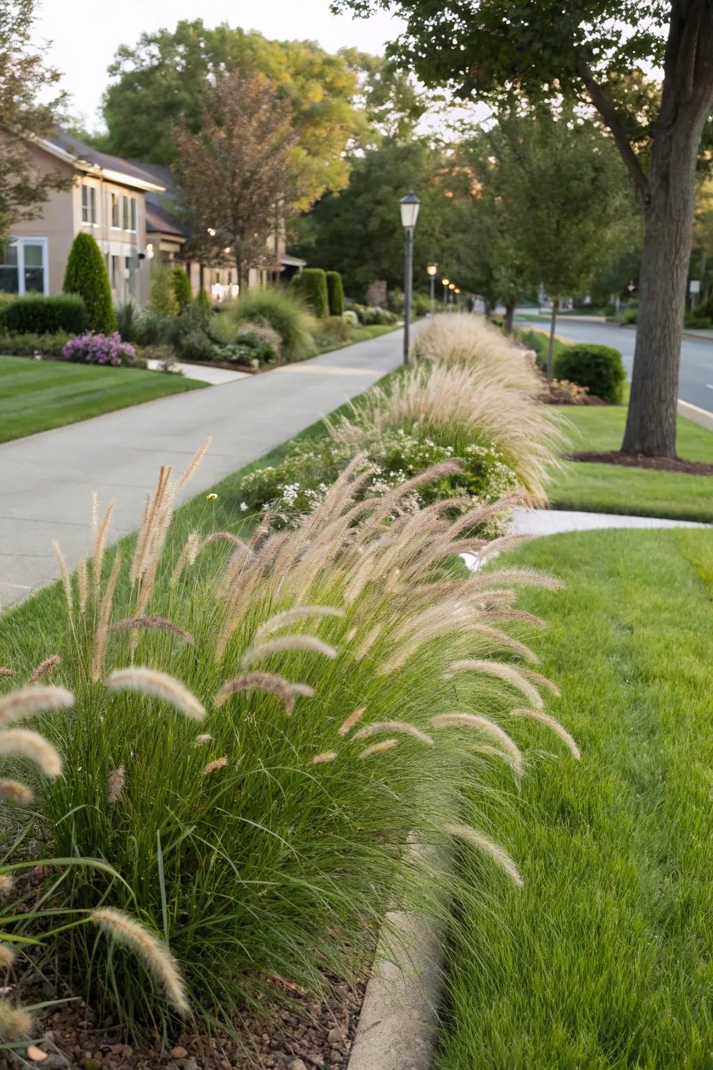 Ornamental grasses add elegance and movement to a front lawn.