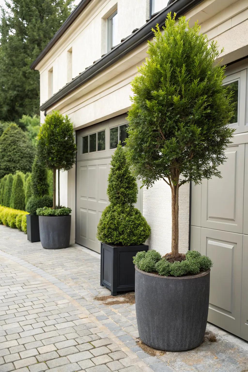 Maintain year-round charm with evergreen planters.