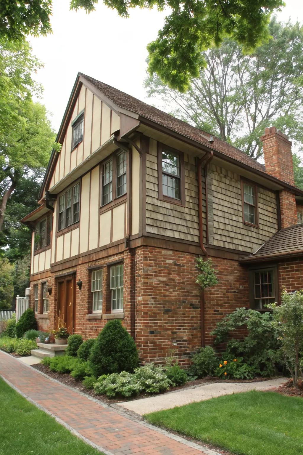 A traditional house showcasing brick and paneling cladding.