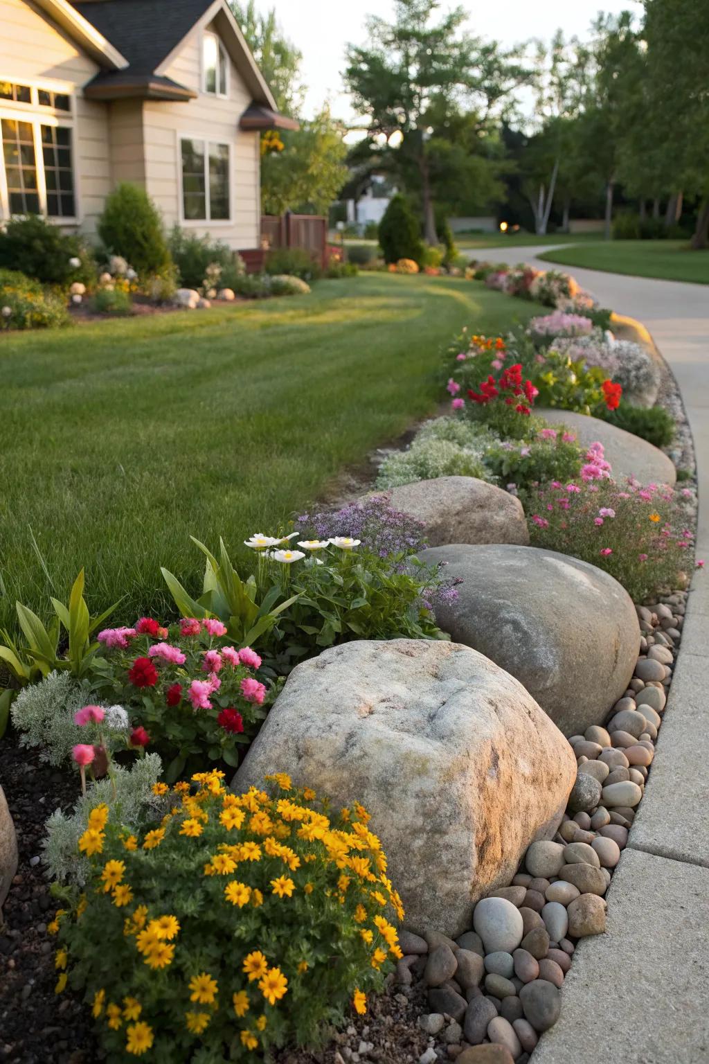 Large stones serve as eye-catching focal points in this flower bed.