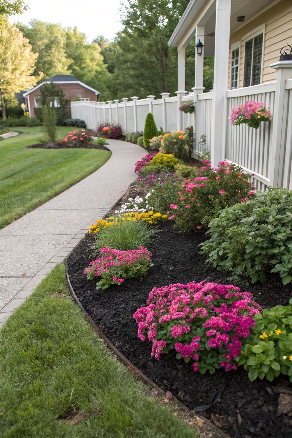 Bright flowers create a stunning contrast against dark mulch.