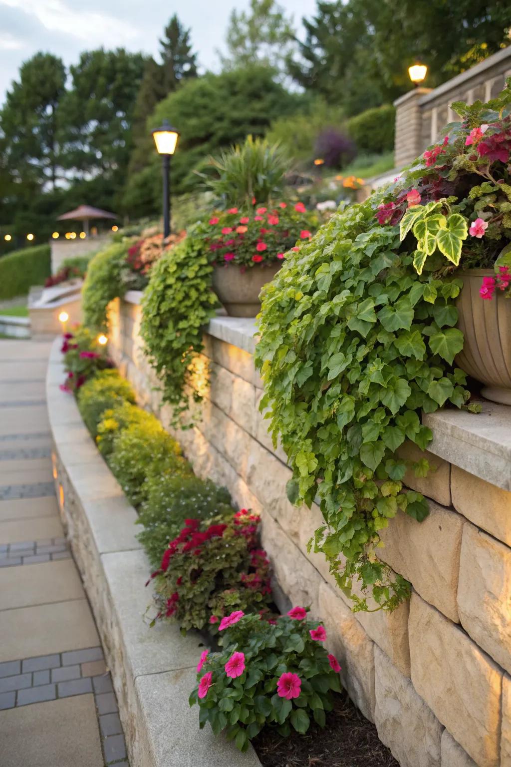 Built-in planters add a touch of green to this retaining wall.