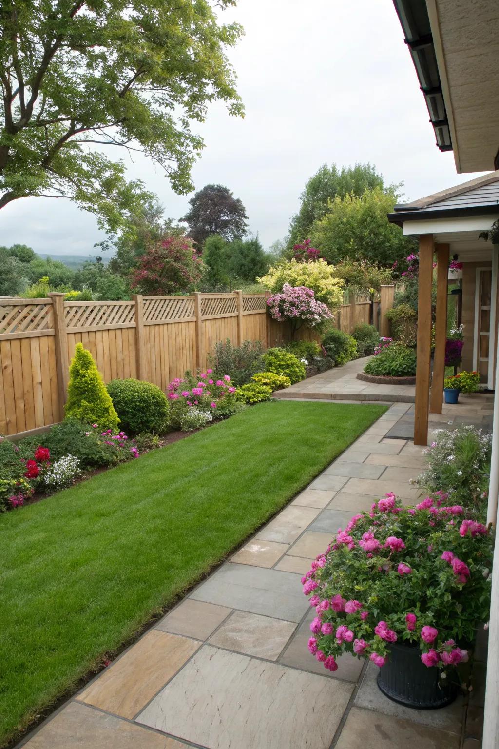 Enhance your patio's charm with a vibrant green lawn.