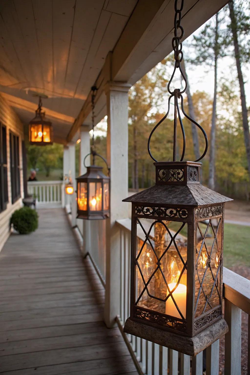 Lanterns add a warm, inviting glow to the porch.