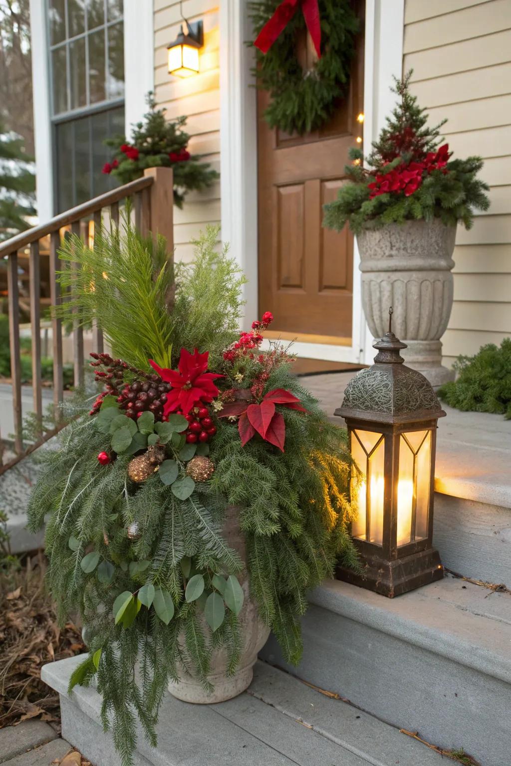 A lantern adds warmth and light to festive planters.