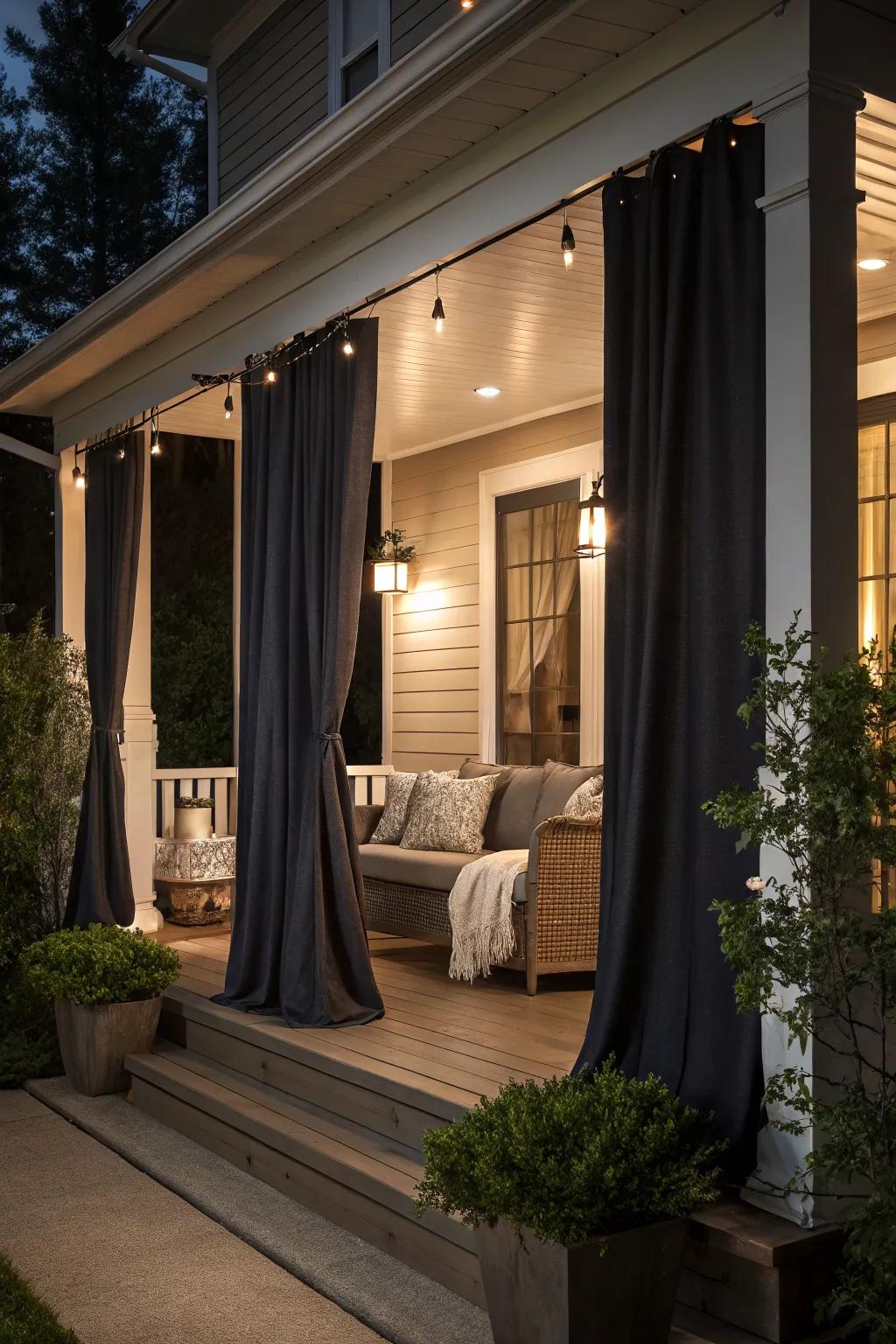 Blackout curtains offer privacy and comfort.
