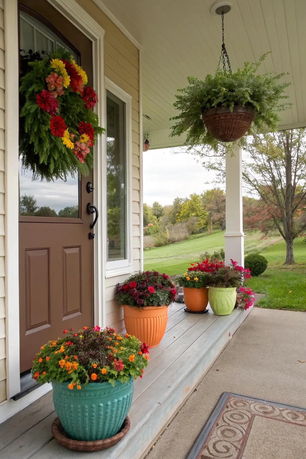 A front porch adorned with vibrant planters and a welcoming seasonal wreath.
