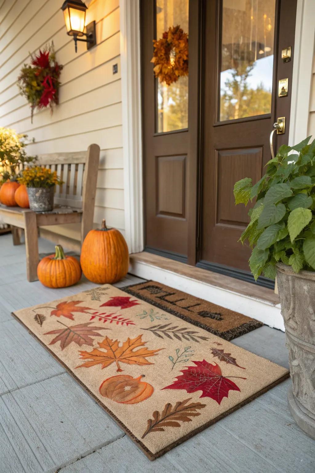 A seasonal doormat that warmly welcomes visitors.