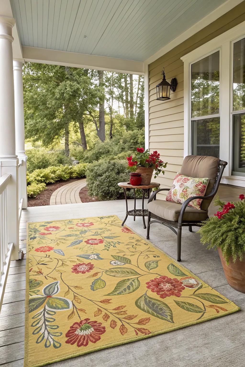 An outdoor rug adds warmth and defines the seating area on your porch.