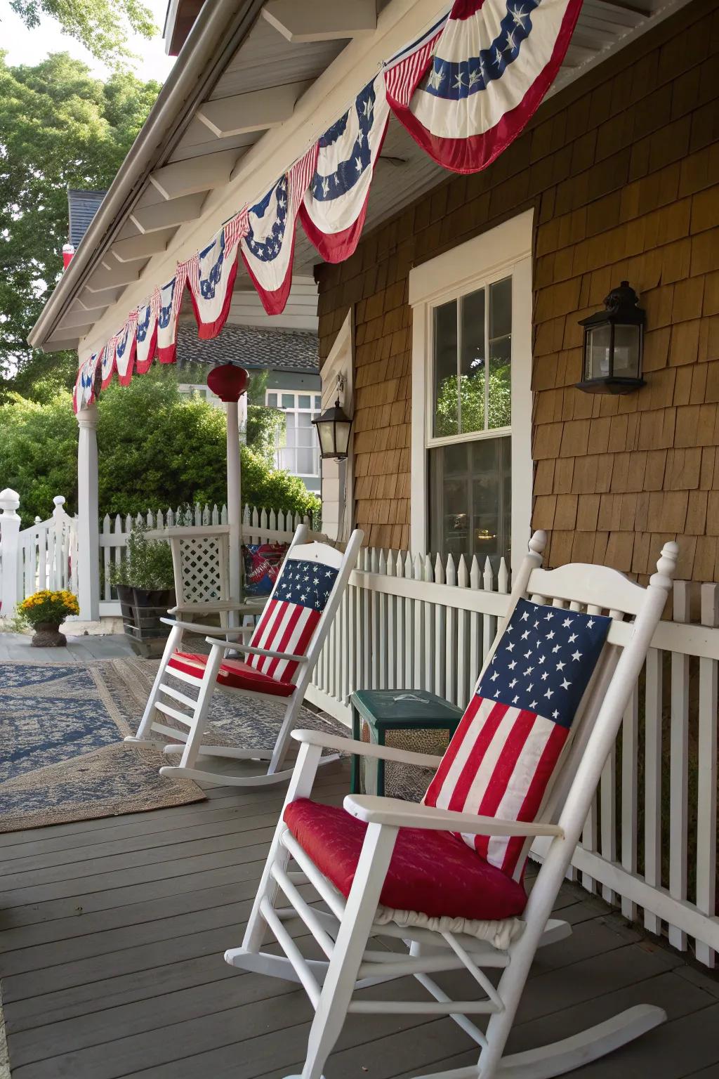 Rocking chairs with patriotic cushions invite relaxation.