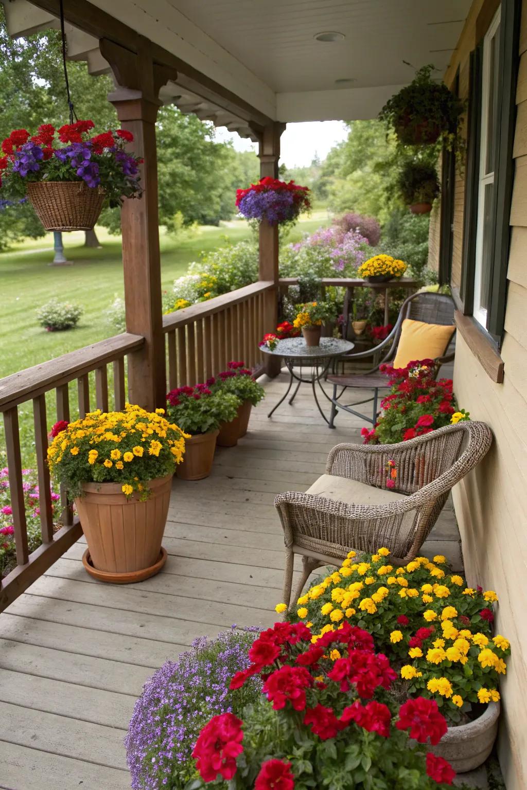 Colorful potted flowers bring life and joy to your porch.