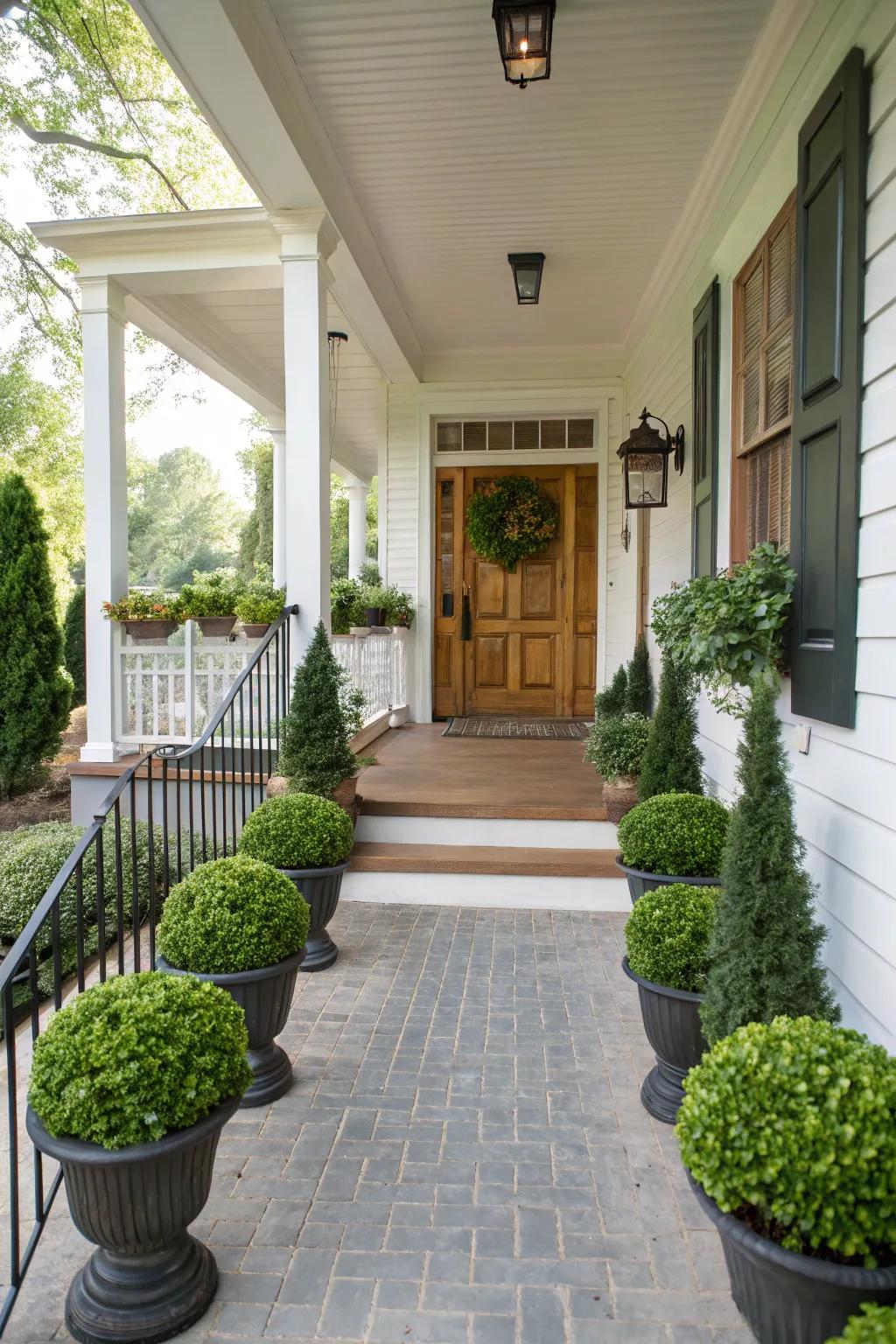 Symmetrical plantings that bring balance and elegance to a front porch.