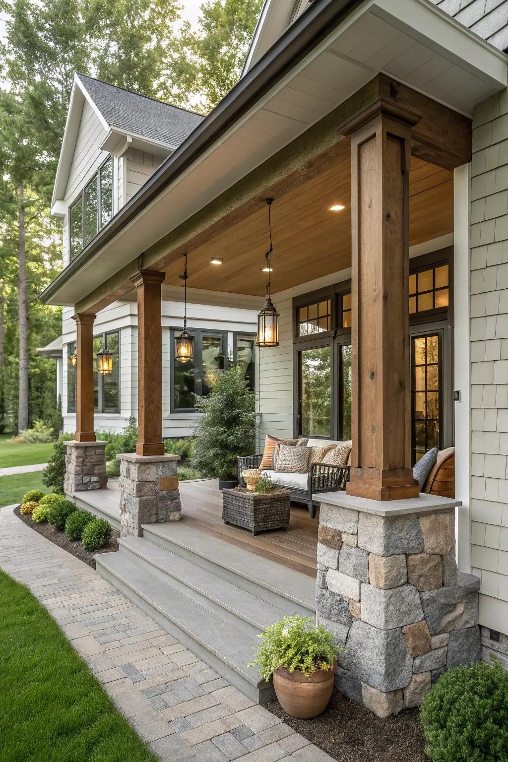 Mixing materials like wood and stone creates a striking visual appeal.