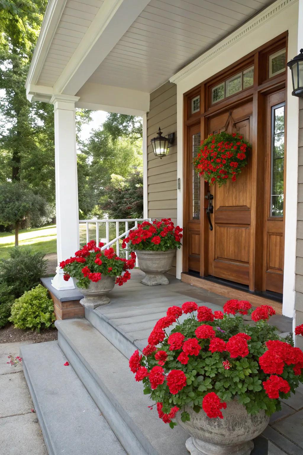 Symmetrical red geraniums in matching planters create a classic look.