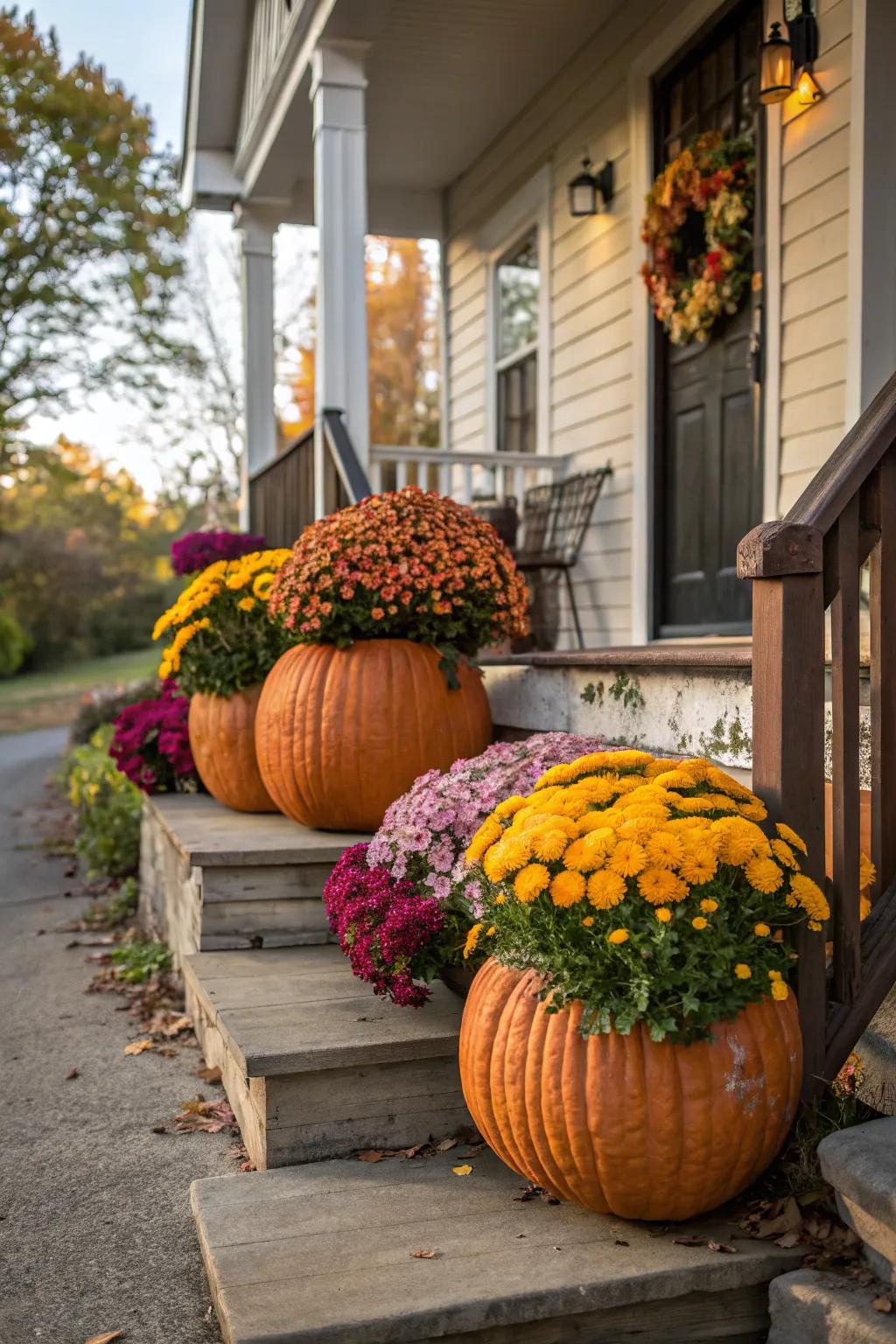 Pumpkin planters showcase both creativity and natural beauty.