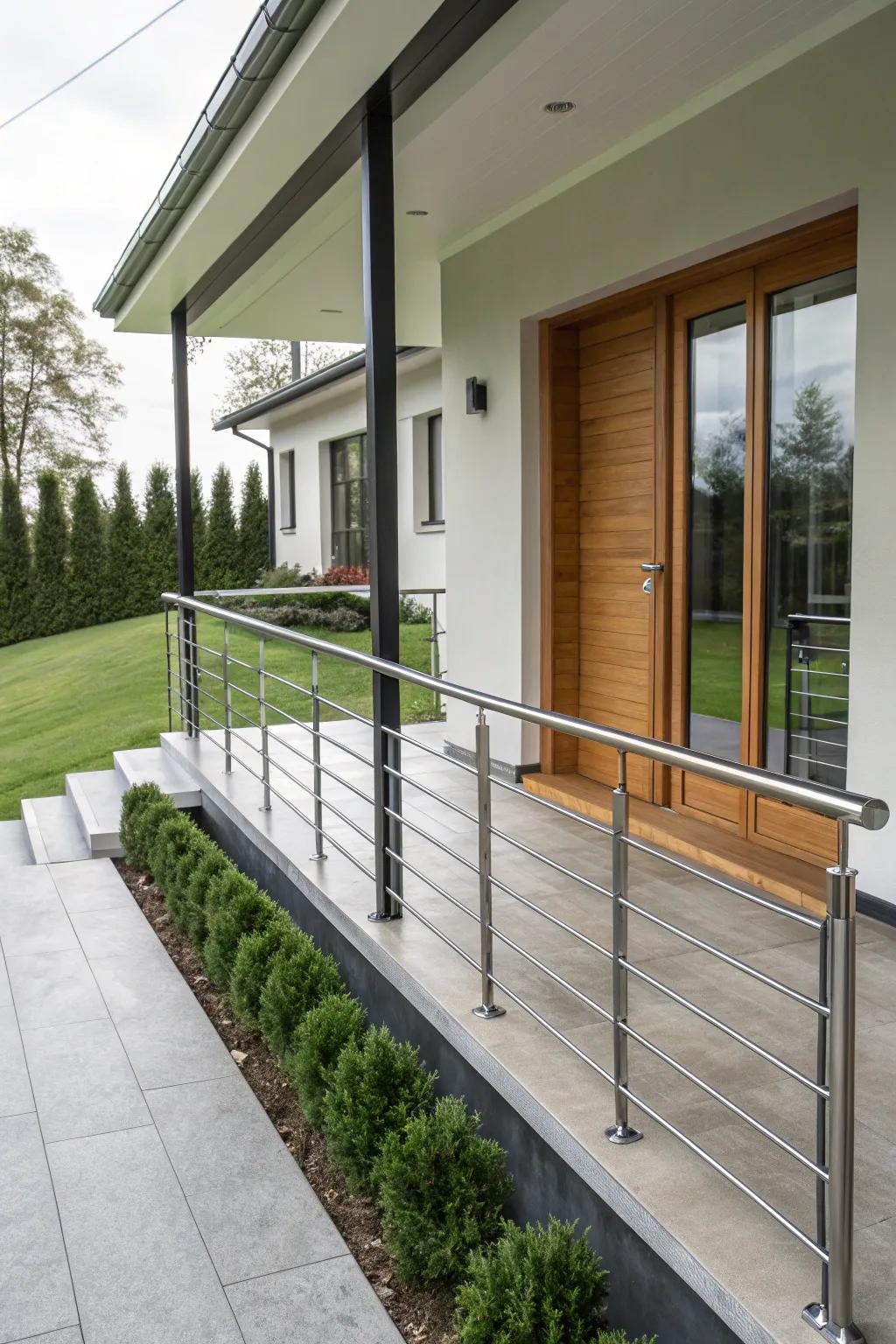Sleek metal railings enhancing the porch's modern look.