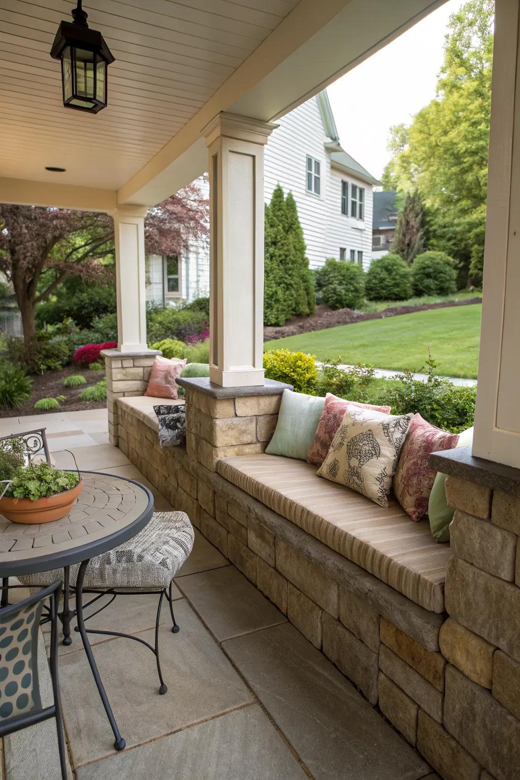 A comfortable seating area built into a retaining wall.