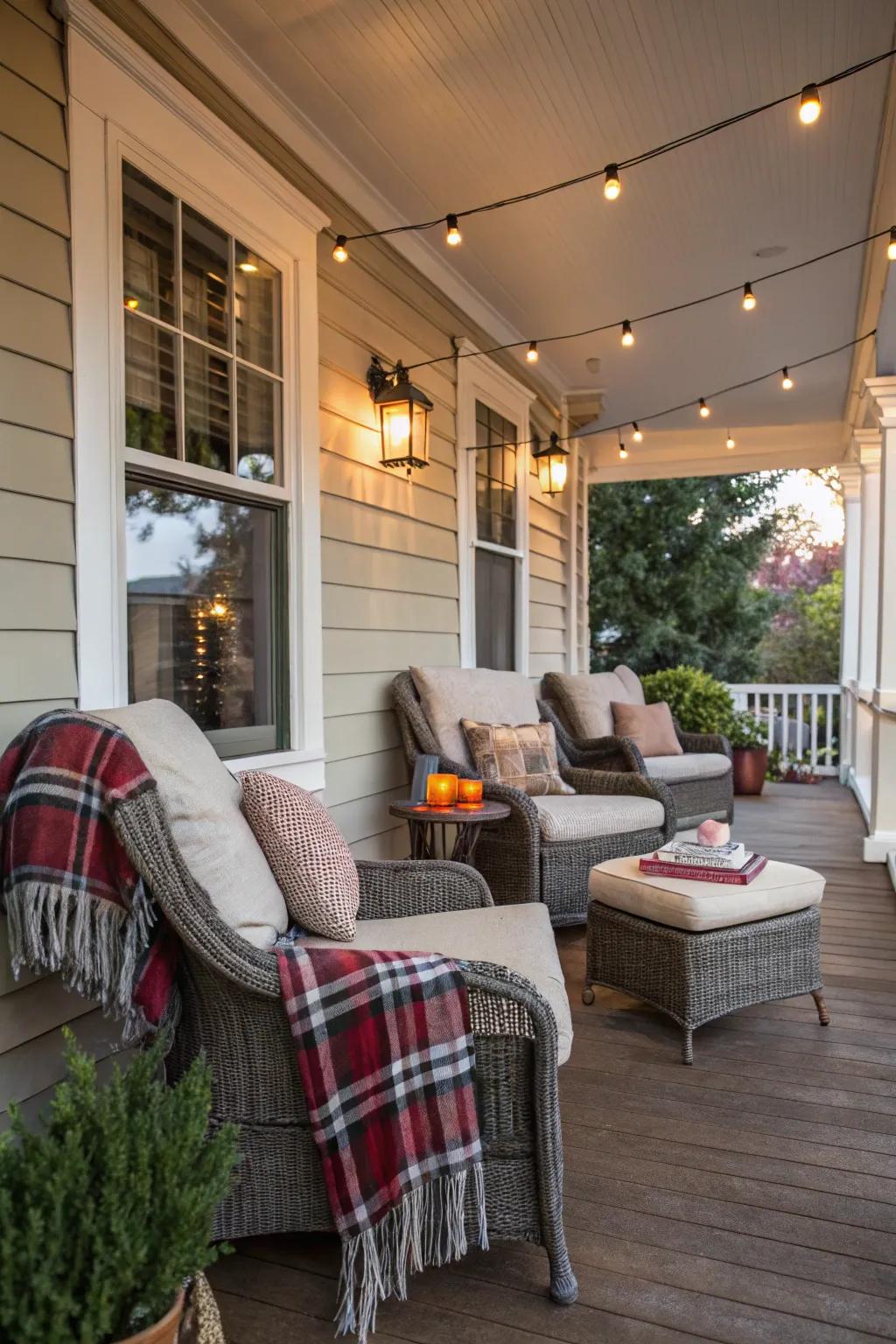 A cozy porch seating area with plush cushions and colorful throws.