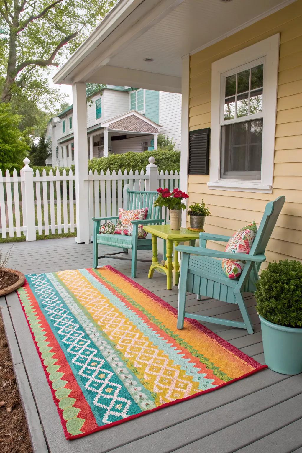 A vibrant outdoor rug adds color and defines the seating area