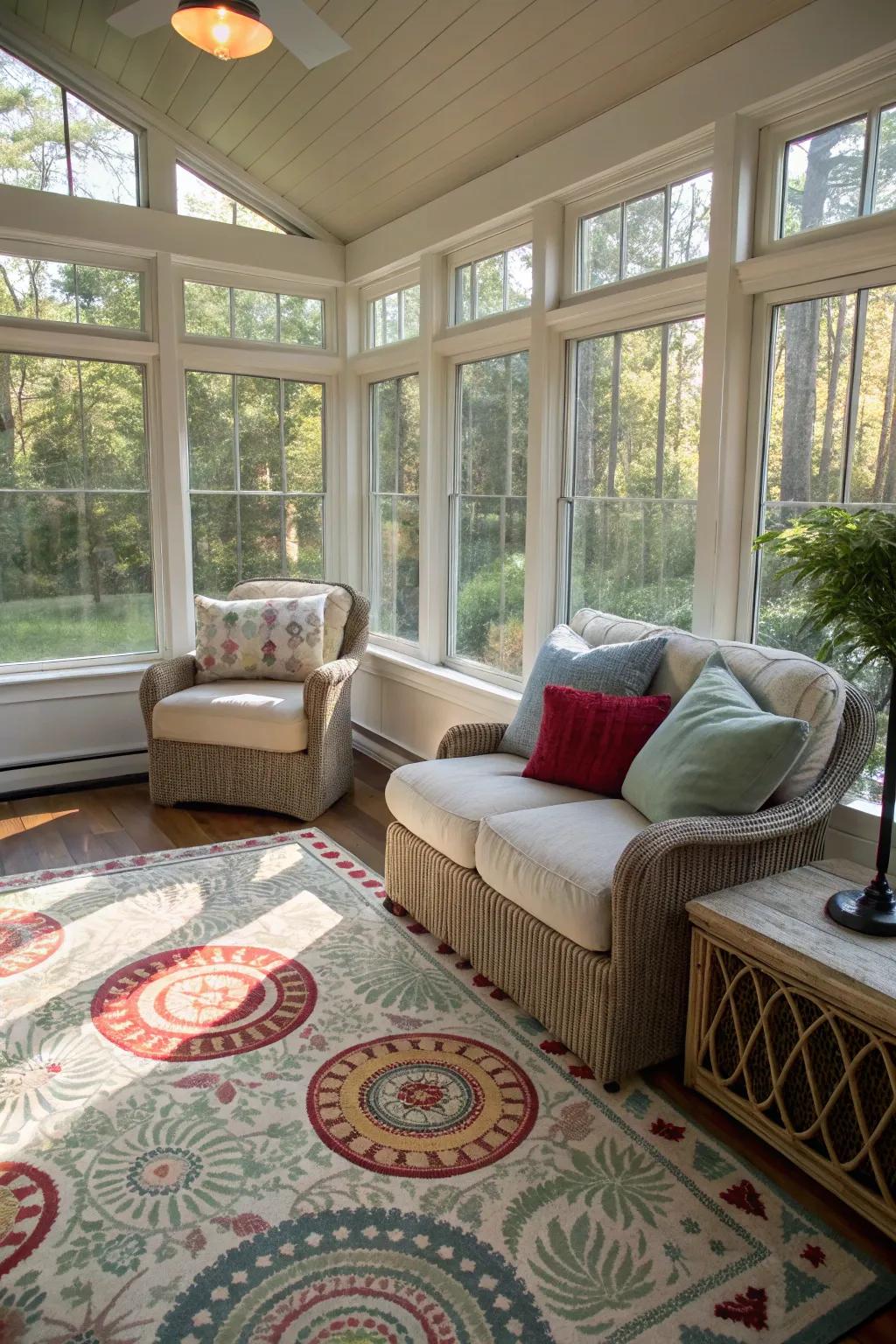 A stylish rug adding warmth and style to the sunroom.