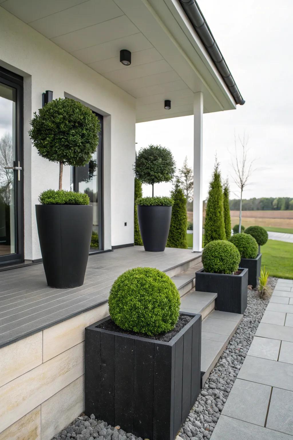 Stylish planters elevate the topiary display.