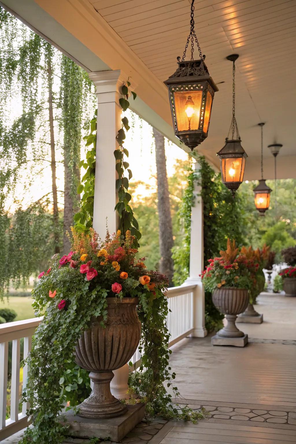 Add a warm glow to your porch with lantern-lit urns.