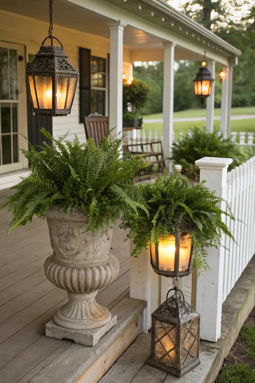 Add rustic charm with ferns and lanterns.