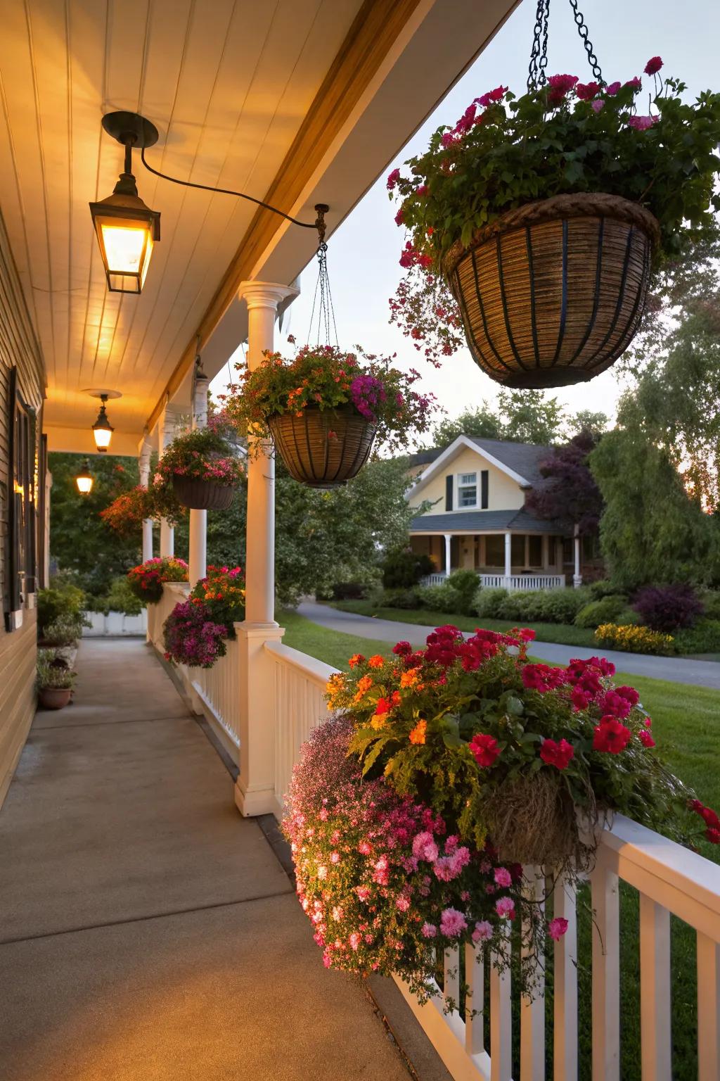 Colorful hanging baskets bring life to the porch wall.