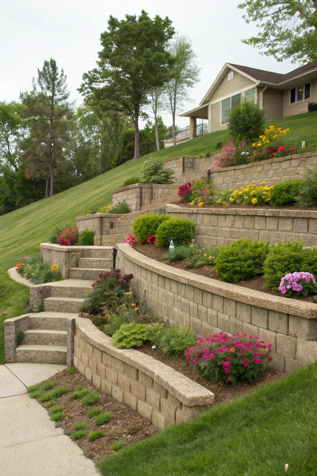 Maximize space and beauty with tiered retaining walls.